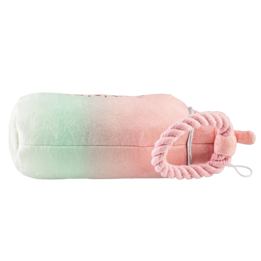 A plush cylindrical bottle-shaped Pawlates dog toy in a pastel mint green to pink gradient, featuring a pink rope handle laying on its side - Haute Diggity Dog