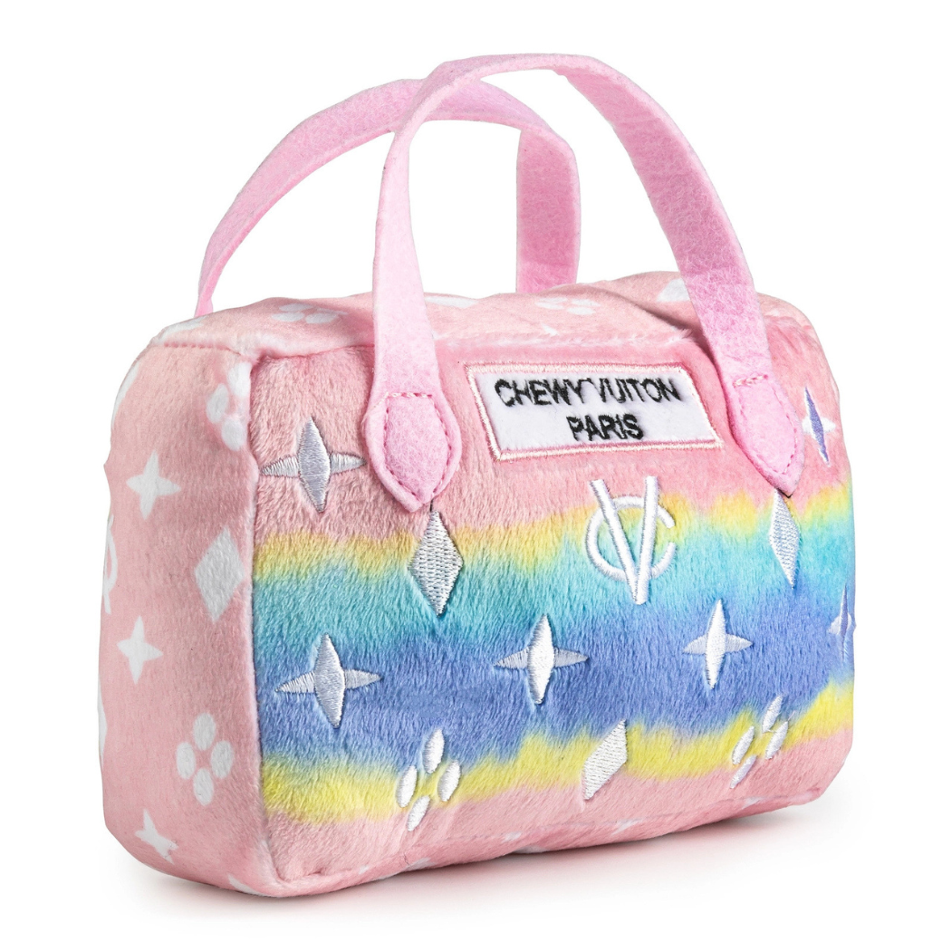 Pink Ombre Chewy Vuiton Plush dog toy handbag with 'Chewy Vuitton Paris' label - Haute Diggity Dog