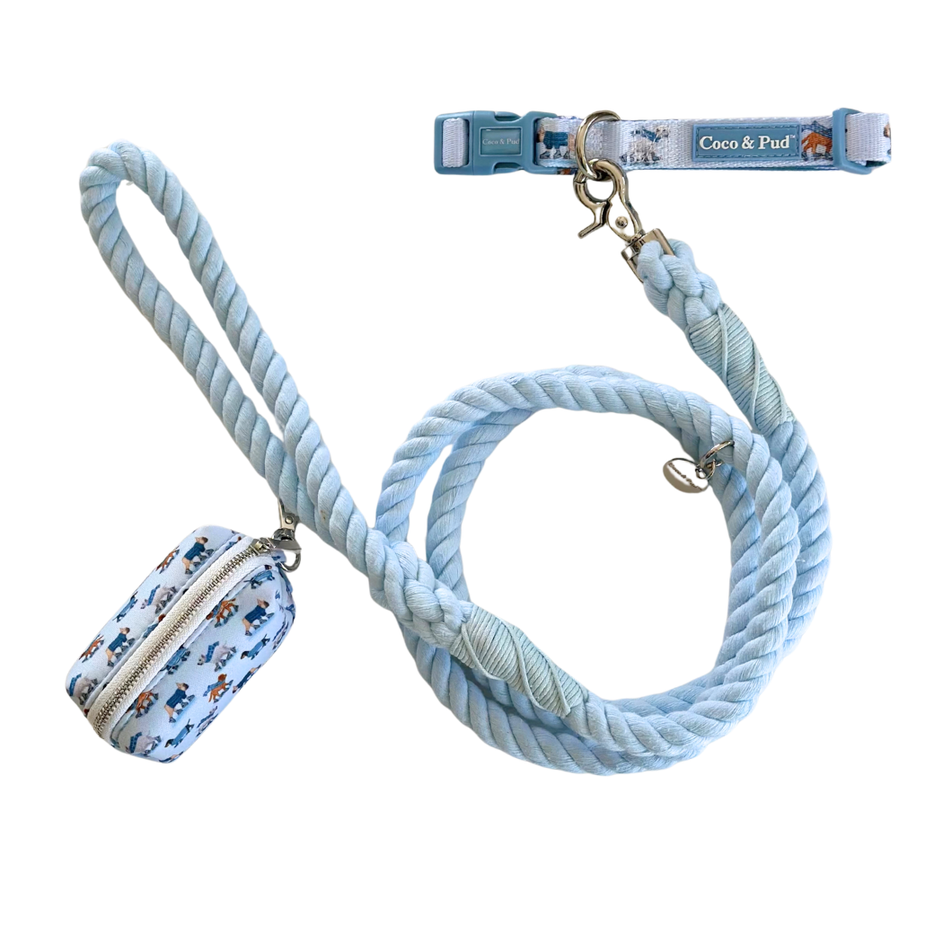 Coco & Pud Skating Dogs Walk Set - Skating Dogs dog collar with matching Skating Dogs Waste bag holder - A cute design featuring Dachshunds, French Bulldog, West Highland Terriers and Cavoodle skating on a light blue background. Dogs are wearing dog jumpers/ sweaters bundled with a powder blue rope dog lead