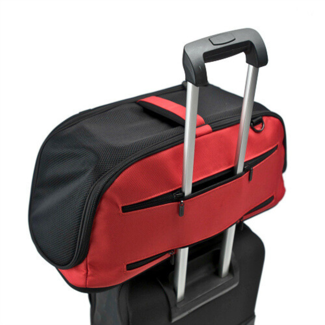 Coco & Pud Sleepypod Air Pet Carrier on suitcase handle - Strawberry Red