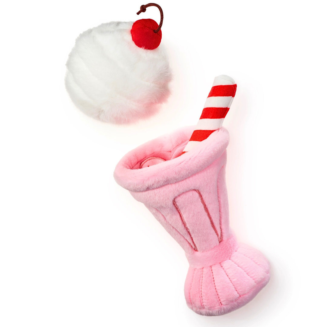 Coco & Pud Strawberry Milkshake Interactive Snuffle Dog Toy seperated - Pink plush ice cream cone dog toy with whipped cream and cherry with a red and white candy cane straw - The Foggy Dog