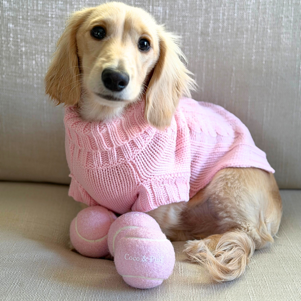 Coco & Pud Tennis Ball Light Pink with a dachshund wearing a Coco Cable Dog sweater sits on a beige fabric sofa with two pink tennis balls in front of it. The tennis balls show the brand name 'Coco & Pud