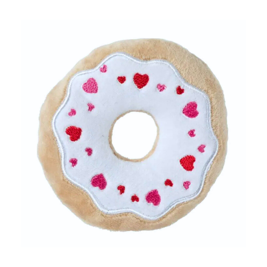 Coco & Pud I Chews You Puppuccino and two donuts 3 pack Valentine's Day Dog Toys. Round donut with white icing and pink and red hearts - Fuzzyard
