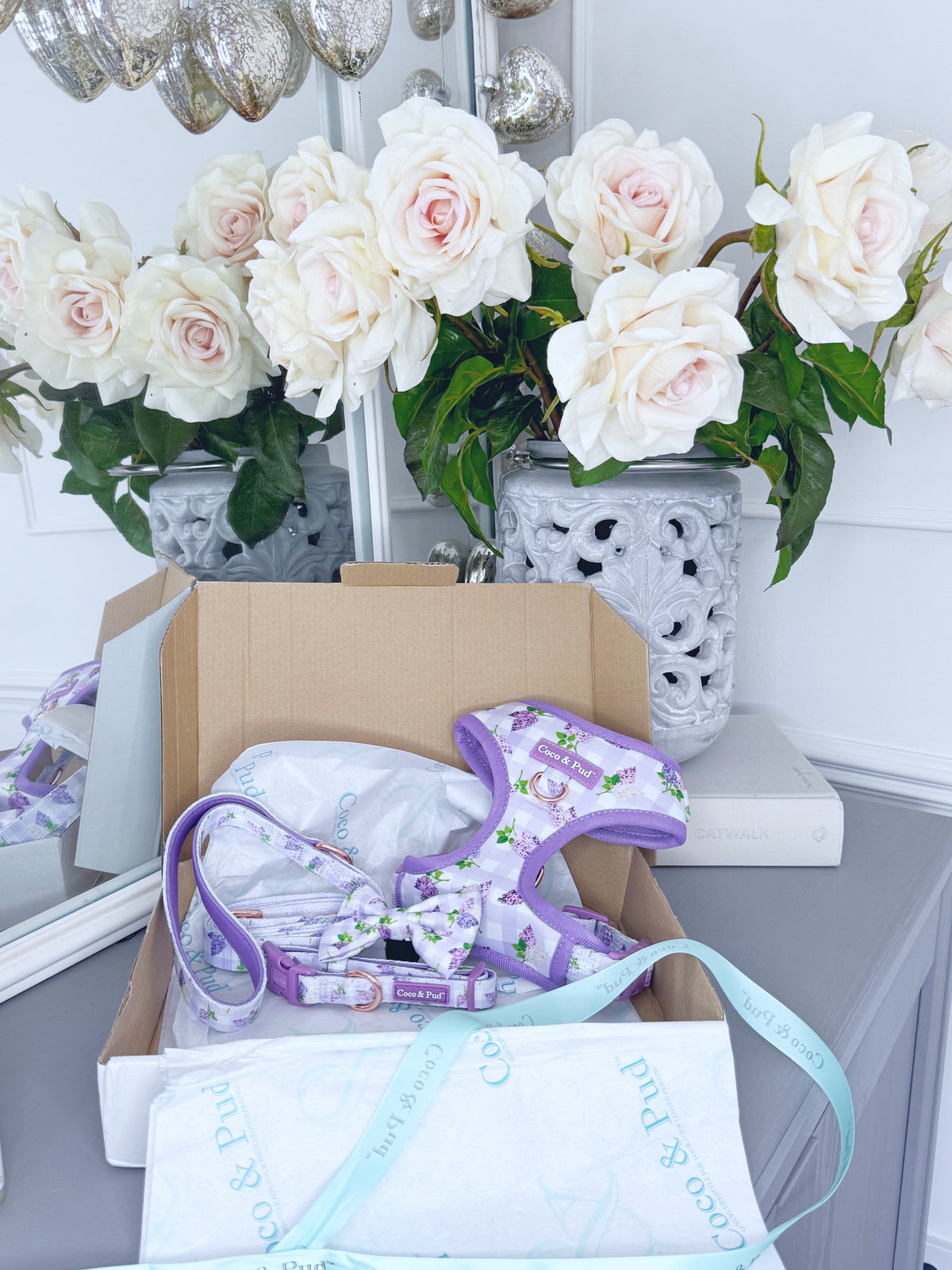 Coco & Pud Gingham Lilac Collar Walk Set