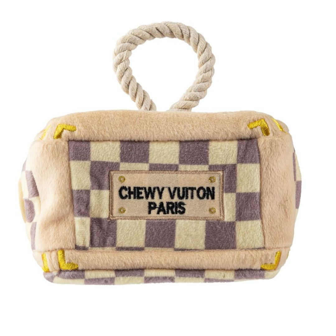 Coco & Pud Checker Chewy Vuiton Trunk Activity Dog Toy side view - Haute Diggity Dog