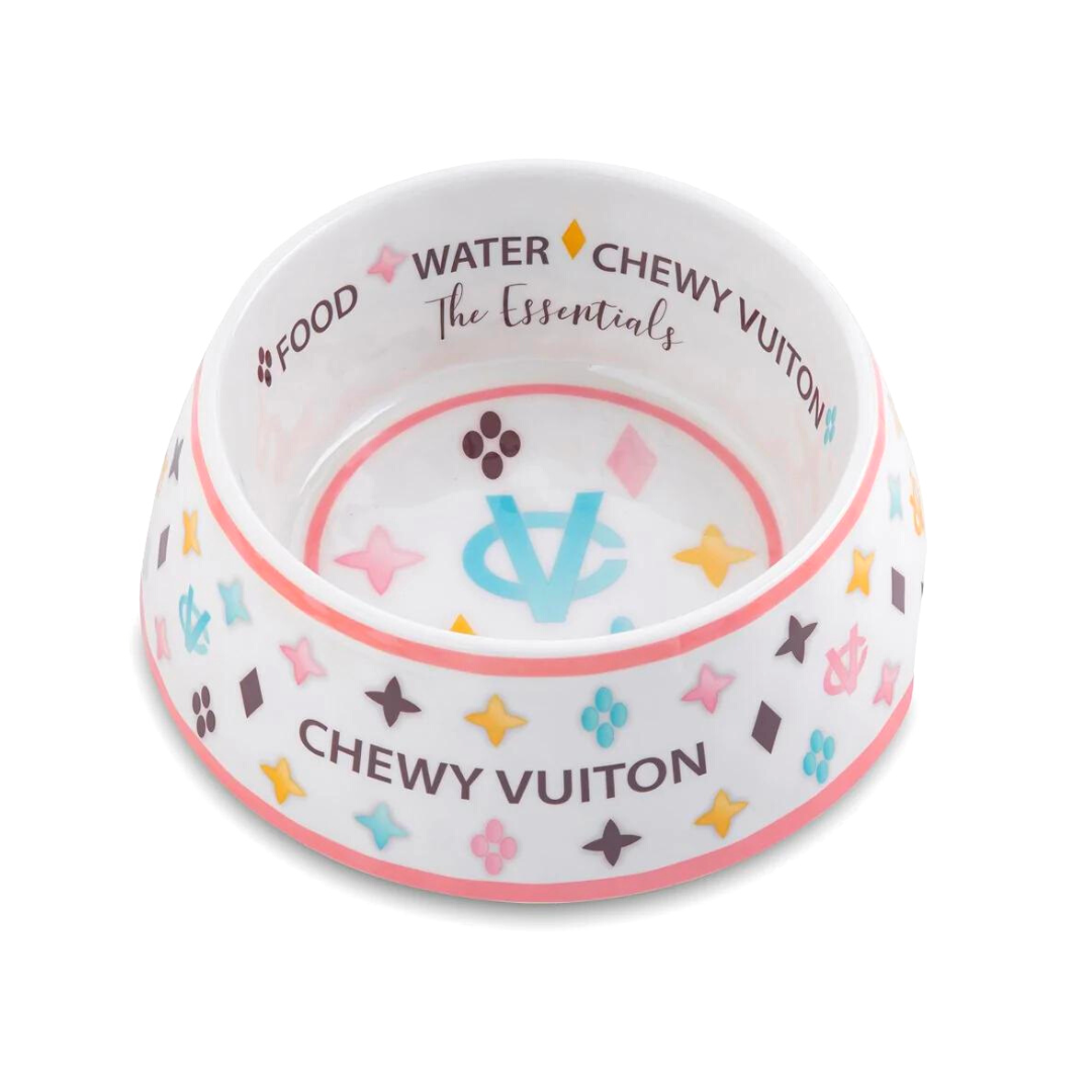 White Chewy Vuiton Dog Bowl - 3 Sizes