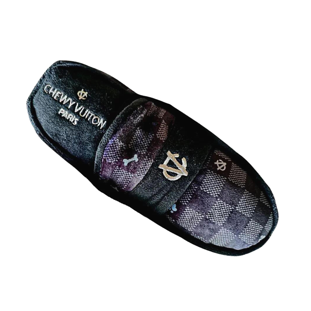 Coco & Pud Black Checker Chewy Vuiton Loafer Shoe Dog Toy from above - Haute Diggity Dog