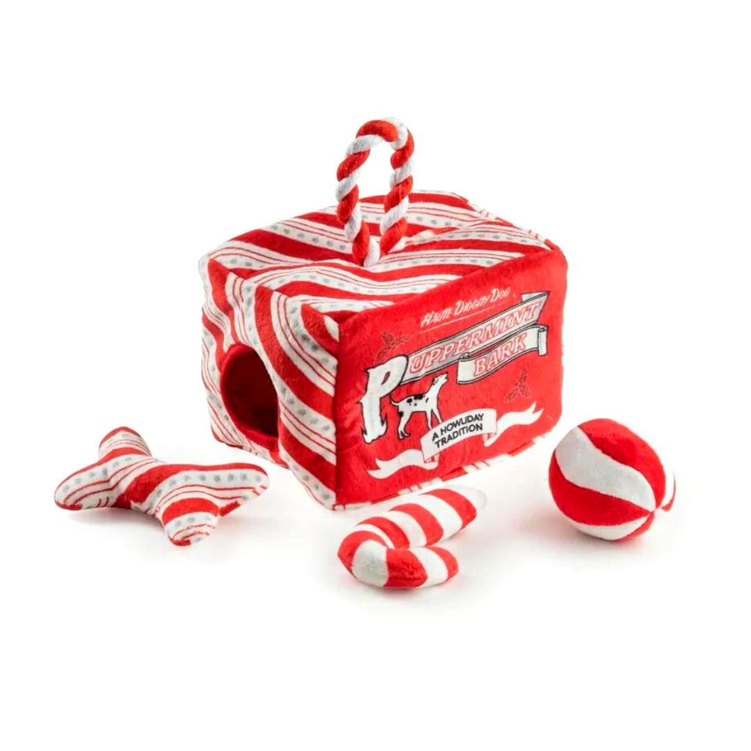 Coco & Pud Puppermint Bark Activity House Dog Toy side view showing mini plush toys from inside - Haute Diggity Dog