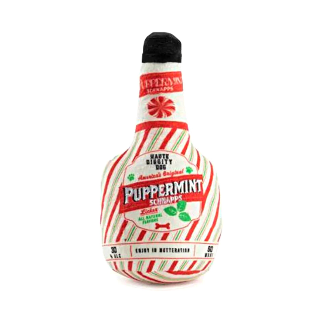 Coco & Pud Puppermint Schnapps Bottle Dog Toy - front of tot - Haute Diggity Dog