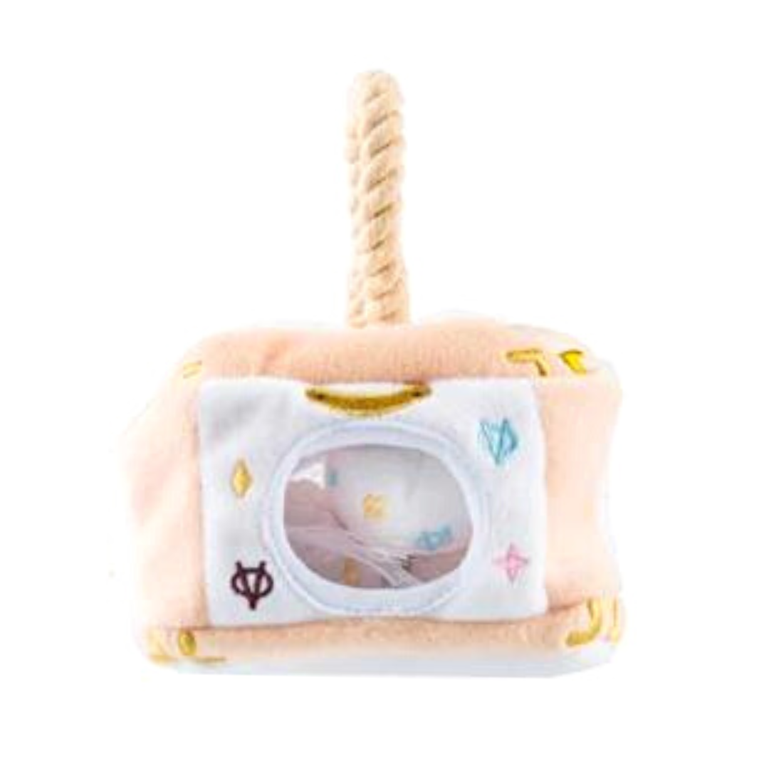 Coco & Pud White Chewy Vuiton Interactive Trunk Dog Toy side view - Haute Diggity Dog