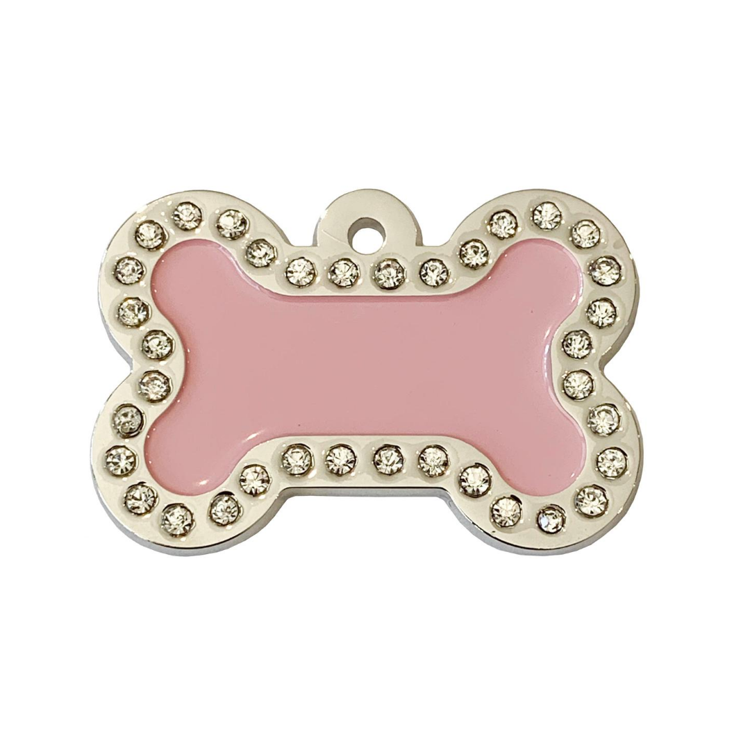 Coco & Pud Crystal Bone Id Tag Silver Pink