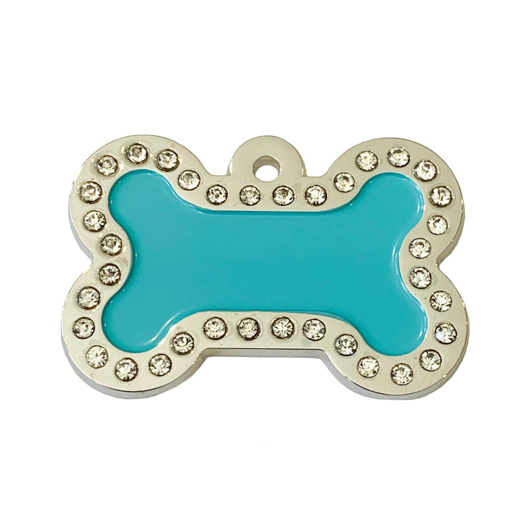 Coco & Pud Crystal Bone ID Tag Silver Teal