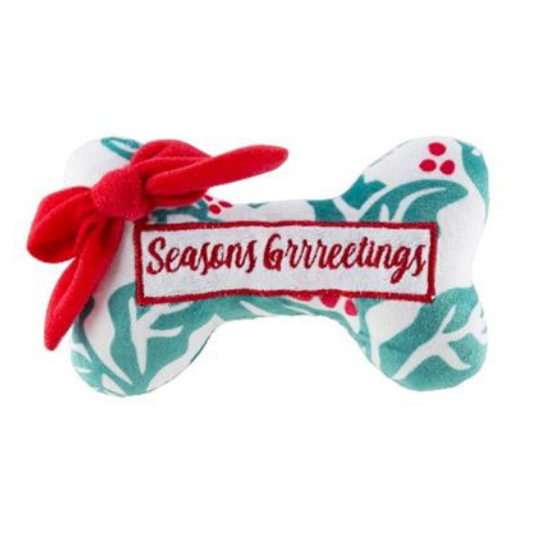 Holly Print Bone Seasons Grrreetings Dog Toy - Coco & Pud