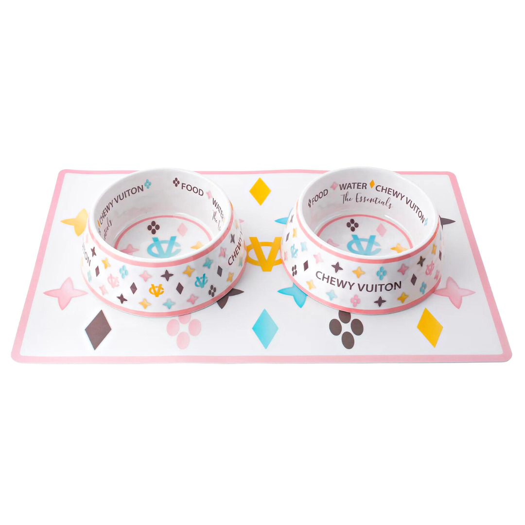 White Chewy Vuiton Dog Bowl - 3 Sizes