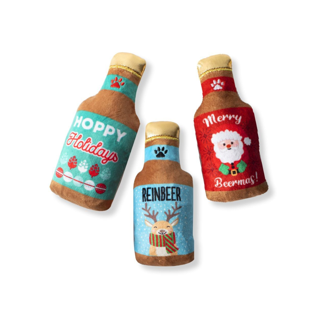 Coco & Pud Wonderful Time For A Beer Christmas Dog Toy - 3 pack of mini beer toys - Fringe Studios