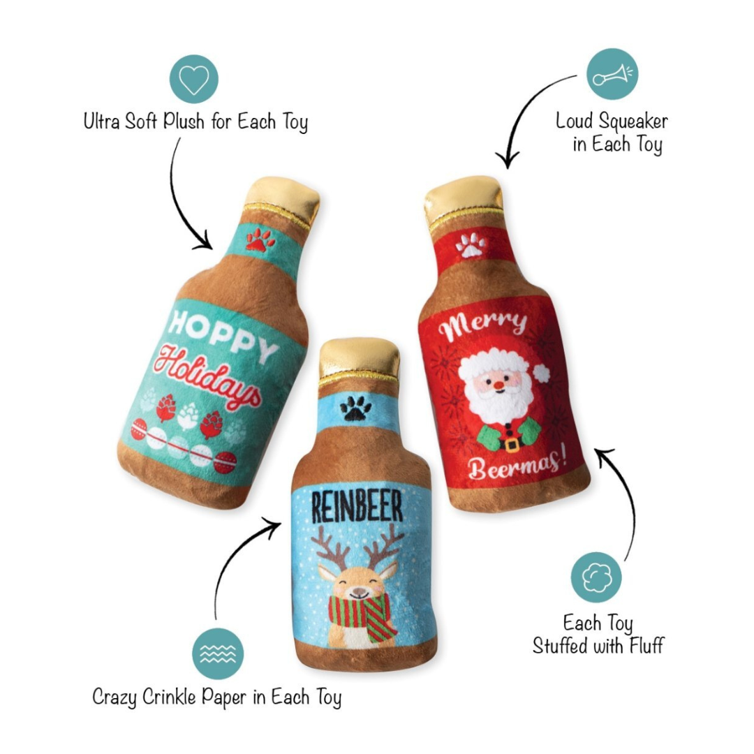 Coco & Pud Wonderful Time For A Beer Christmas Mini dog toy details - Fringe Studios