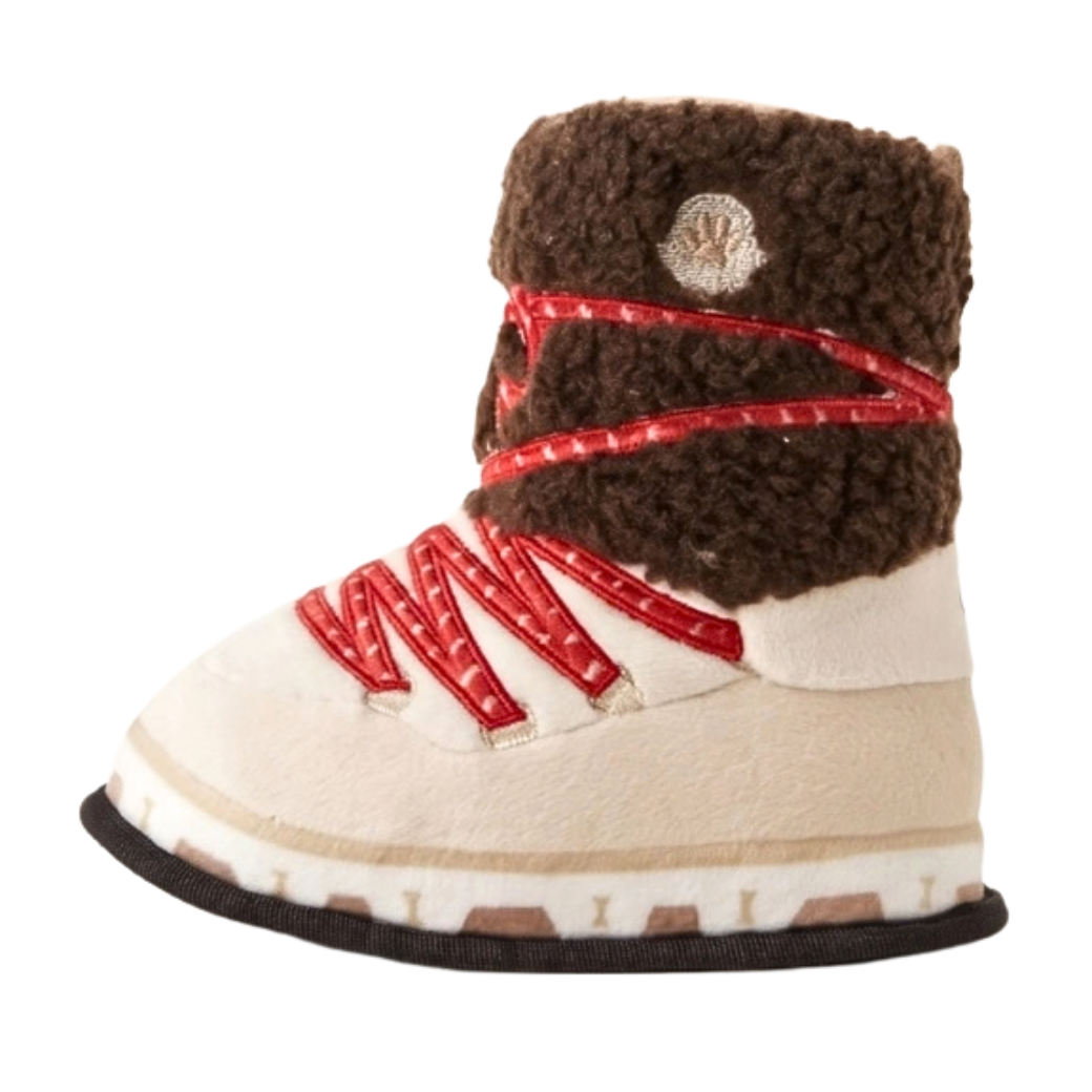 Coco & Pud - Apres Ski Boot Dog Toy that looks like an apres ski boot. Furry top fabric with red and white spot laces - Haute Diggity Dog
