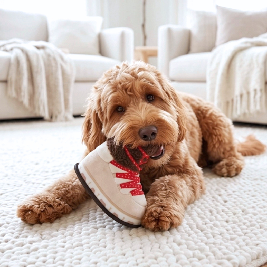 Coco & Pud -A golden doodle dog lies on a white textured rug, holding an Apres Ski Boot Dog Toy with red laces in its mouth - Haute Diggity Dog