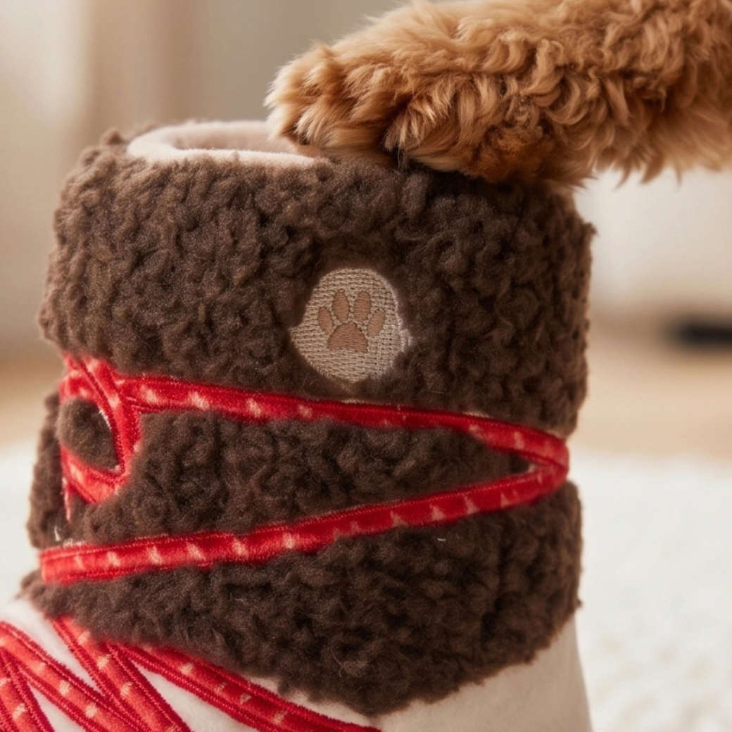 Coco & Pud - A close-up of Apres Ski Boot Dog Toy, a brown plush apres ski boot with red laces and a paw-print patch, with a dog's paw resting on top - Haute Diggity Dog
