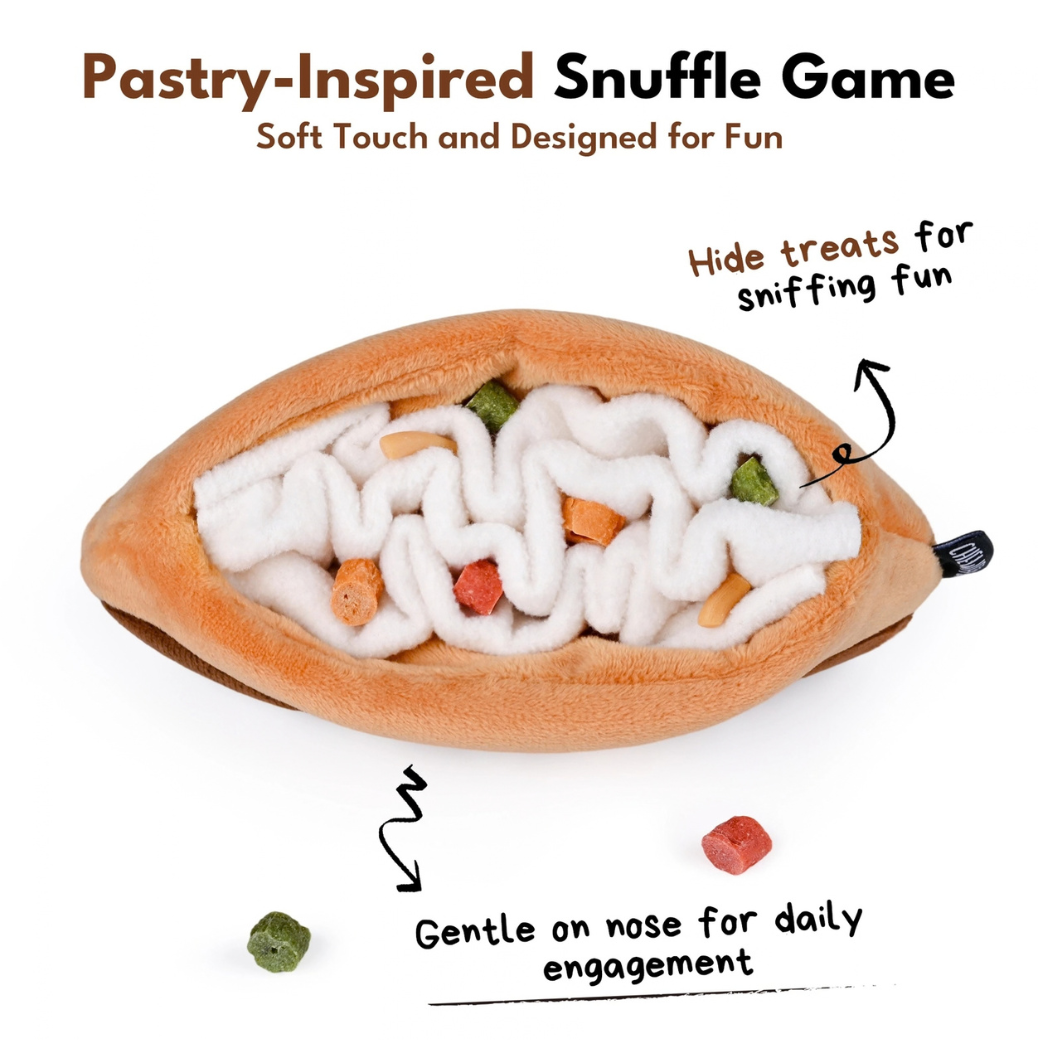 Coco & Pud - Interactive Chocolate Eclair Snuffle Dog Toy sowing details of inside pocket of toy - Chewffon