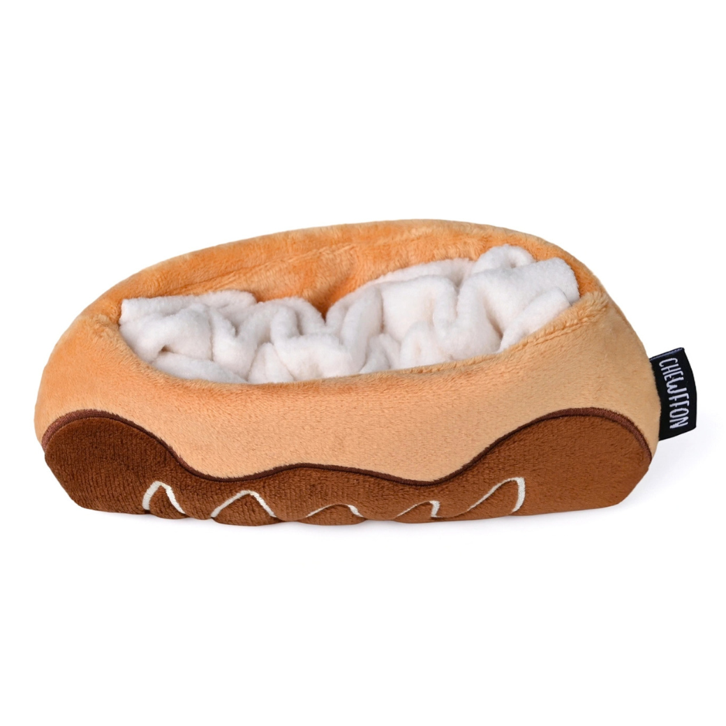 Coco & Pud - Interactive Chocolate Eclair Snuffle Dog Toy showing details of folded fabric inside for dogs to snuffle out treats - Chewffon