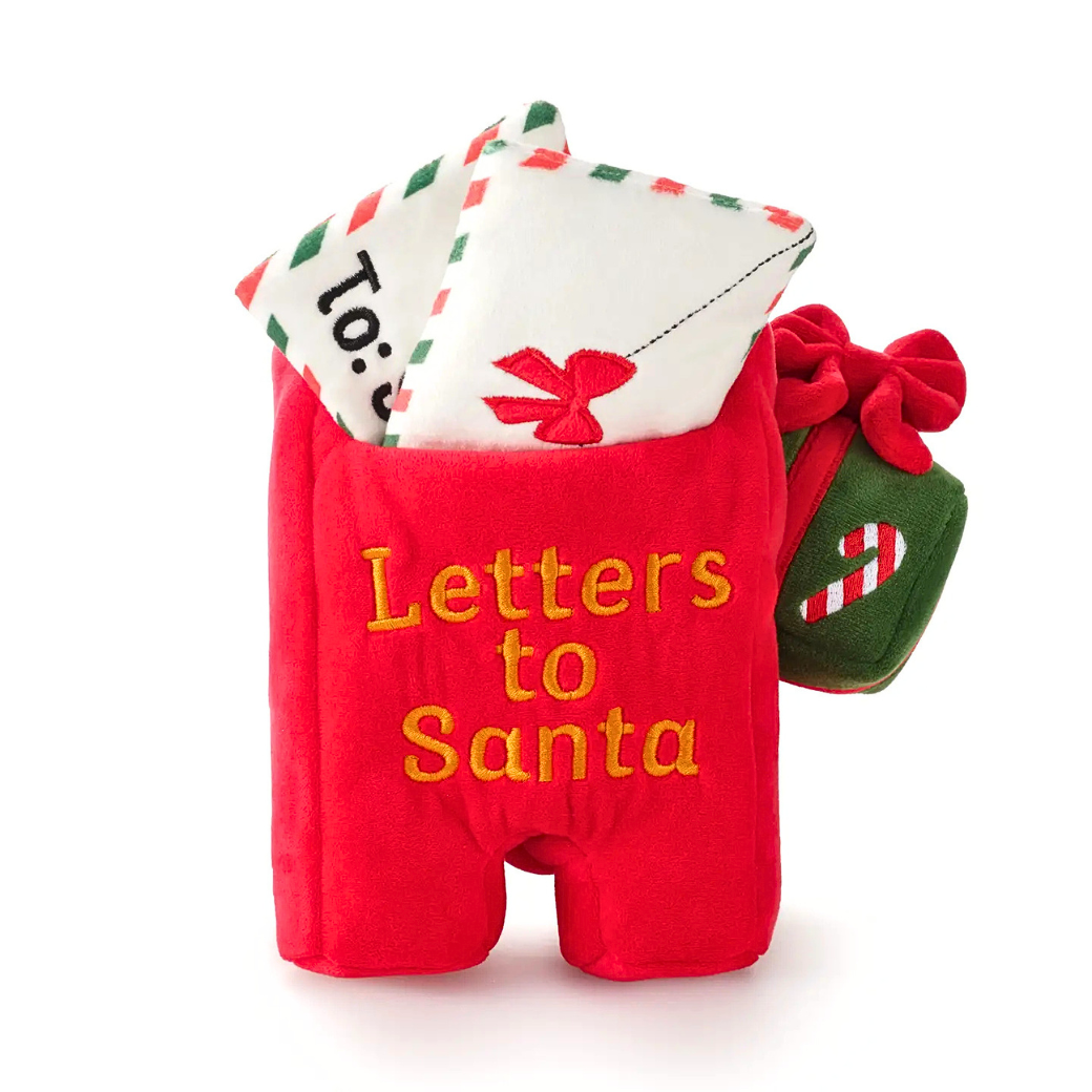 Coco & Pud - Letters To Santa Interactive Snuffle dog toy. A red plush Christmas stocking-shaped mail box with yellow embroidered text reading 'Letters to Santa,' with white envelopes peeking out and a small green gift with a red bow - The Foggy Dog