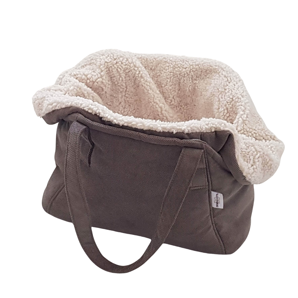 Coco & Pud - Madison Pet Carrier in Stone. A brown canvas pet carrier bag with a plush cream sherpa lining - Dogs in The City