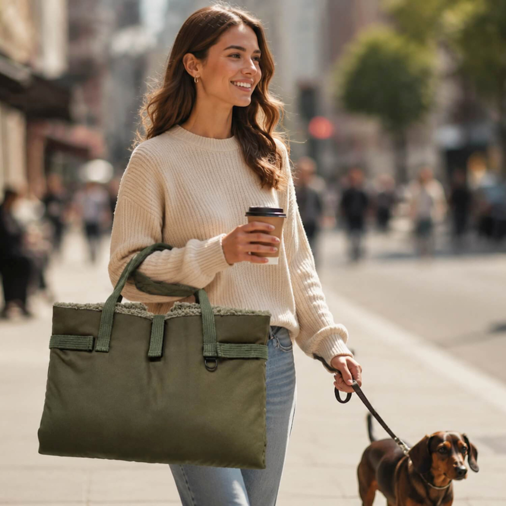 Coco & Pud - Matti Luury Dog Travel Mat in Sage carried by a woman walking a Dachshund dog - Dogs in The City