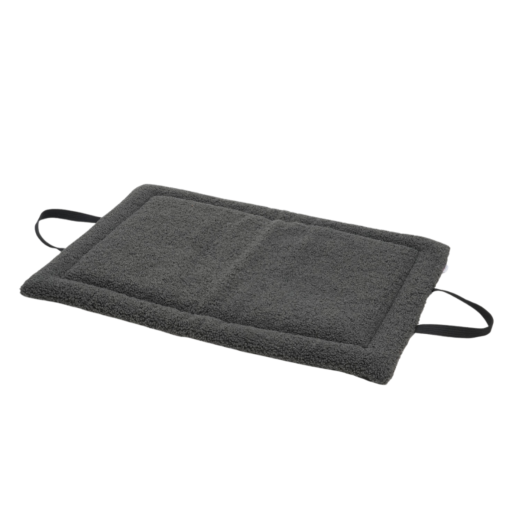Coco & Pud - Matti Luxury Travel Mat - Graphite. A dark grey soft textured travel pet mat with two black strap handles, unfolded, laying flat - Dogs in the City