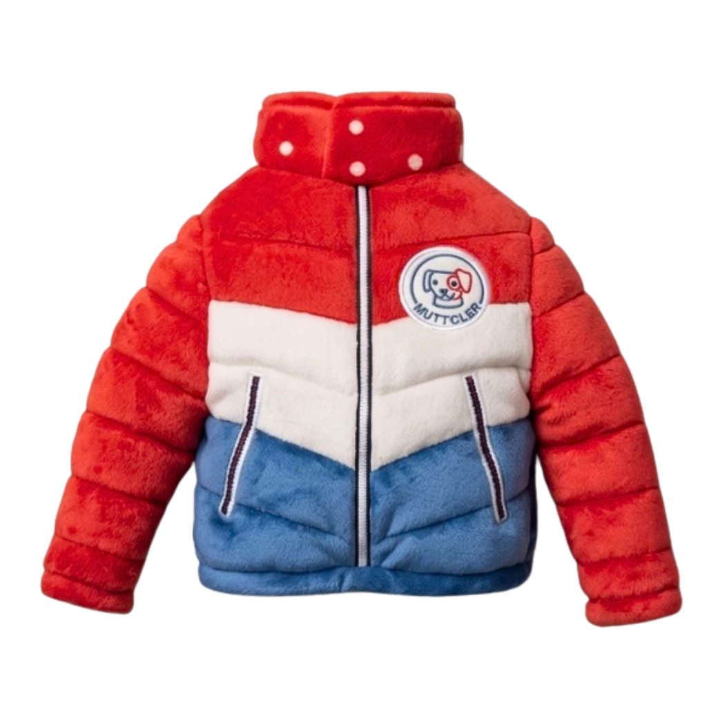 Coco & Pud - Muttcler Puffer Jacket Plush Dog Toy. A red, white and blue plush dog toy that looks like a miniature ski jacket made into a dog toy - Haute Diggity Dog