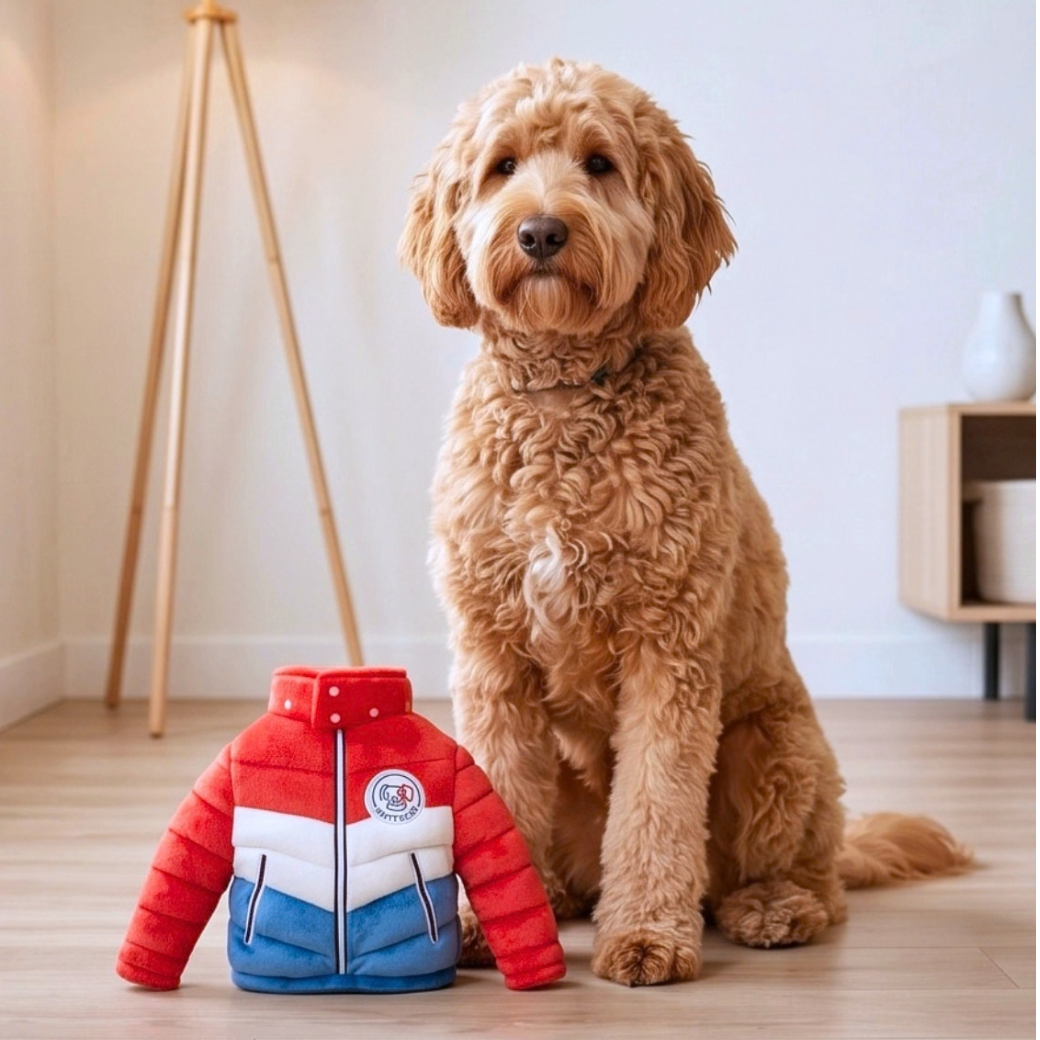 Coco & Pud - A small dog jacket in red, white, and blue is displayed on a wooden floor next to a fluffy golden-brown dog - Haute Diggity Dog