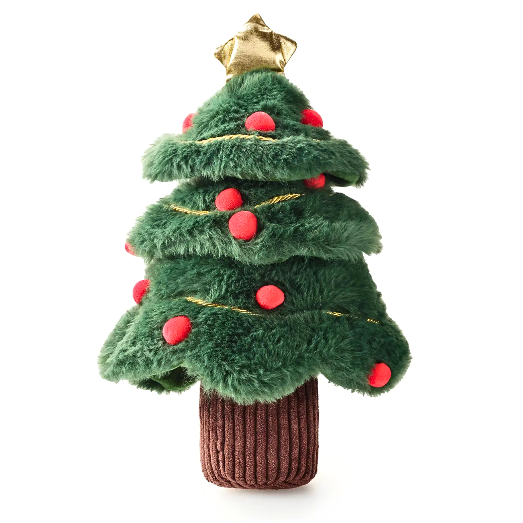 Coco & Pud - A plush Christmas tree toy with layered green faux-fur style branches, red pom-pom ornaments, thin gold string accents, a gold star topper, and a brown corduroy trunk interactive dog toy - The Foggy Dog