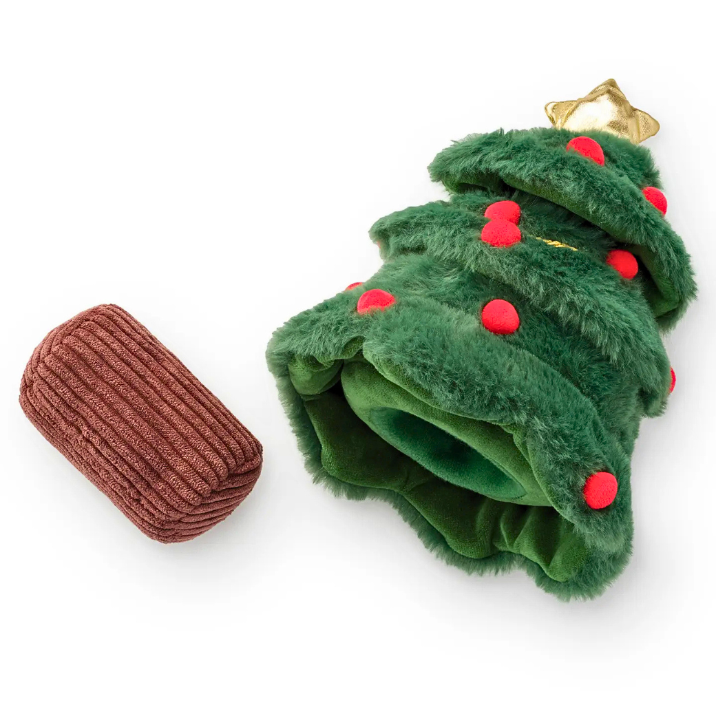 Coco & Pud - O Christmas Tree Interactive Snuffle dog toy. A plush Christmas tree dog toy in green faux fur with red pom-pom ornaments, a gold star topper, and a separate brown ribbed cylindrical trunk squeaker toy - The Foggy Dog