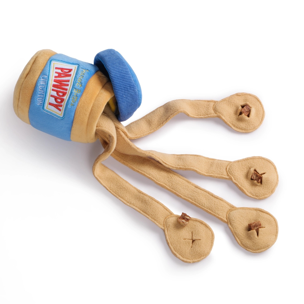 Coco & Pud Peanut Butter Jar (Pawppy) Interactive Snuffle Dog Toy with snuffle fabric layed out - Chewffon