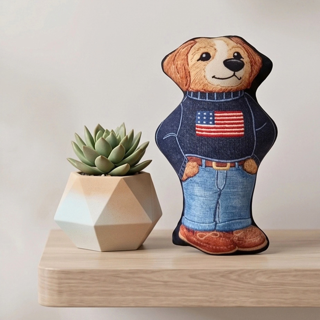 Coco & Pud - Ruff Lauren Teddy dog toy is wearing a navy blue sweater with an American flag graphic and blue jeans - Haute Diggity Dog