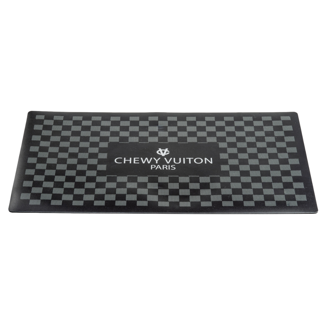 Coco & Pud Black Checker Chewy Vuiton Pet Placemat angle view- Haute Diggity Dog