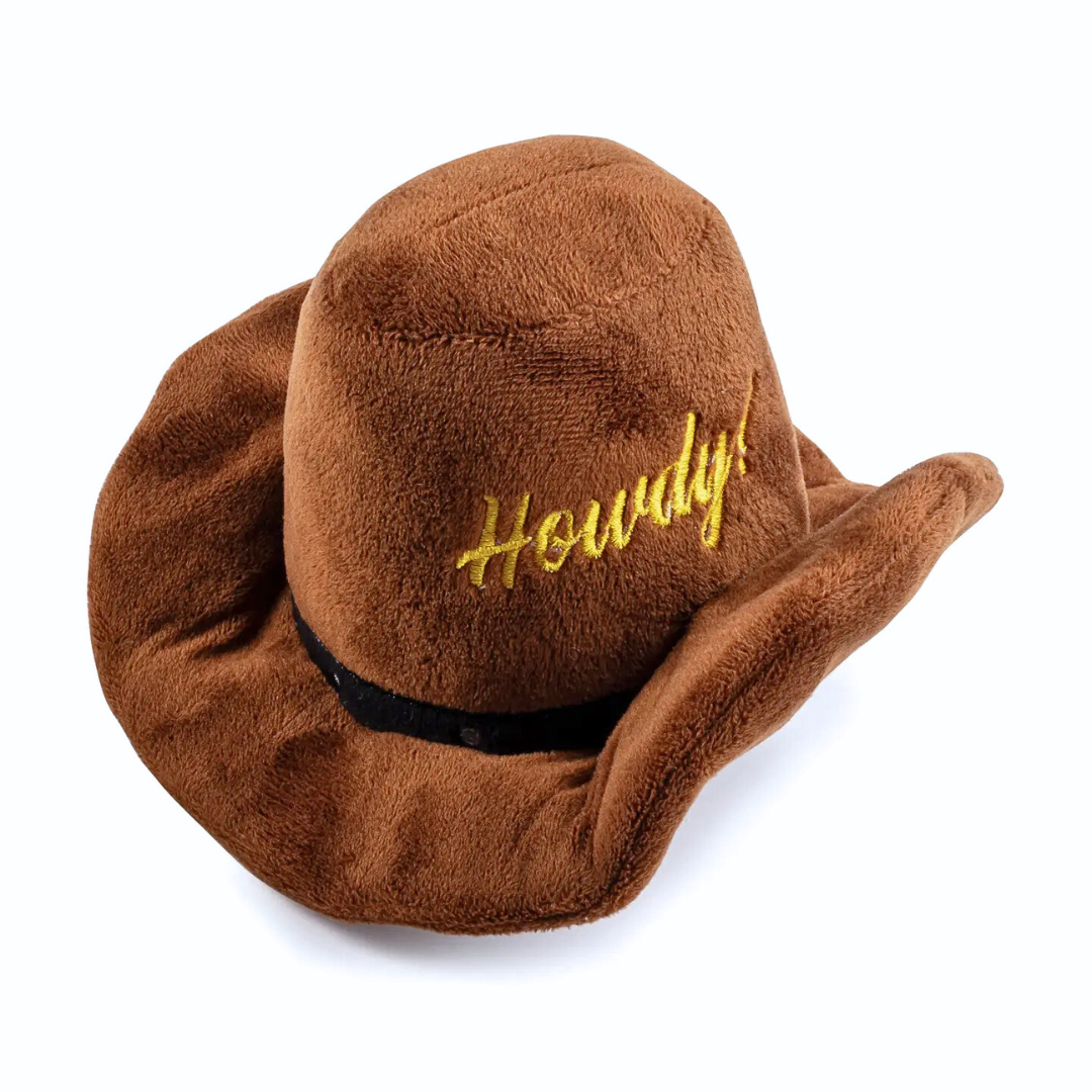 Coco & Pud Brown plush cowboy hat dog toy side view with 'Howdy!' embroidery on a white background - Haute Diggity Dog
