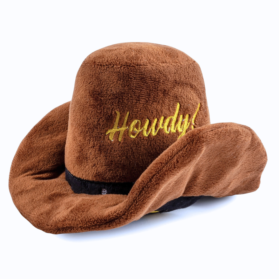 Coco & Pud Brown plush cowboy hat dog toy with 'Howdy!' embroidery on a white background - Haute Diggity Dog