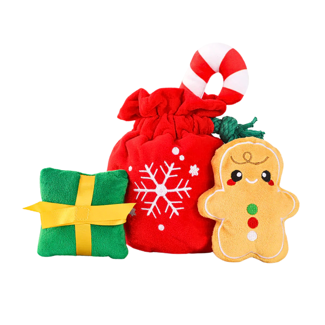 Coco & Pud red drawstring bag with snowflake design interactive dog toy, with mini green gift pillow, and gingerbread man toy and red and white candy cane dog toys inside - Hugsmart