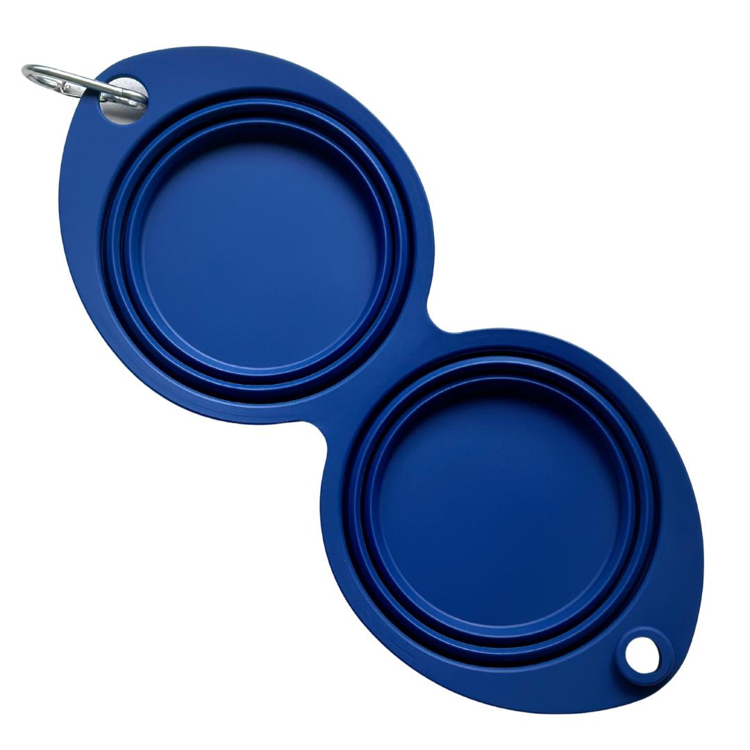 Coco & Pud Collapsible Portable Silicone Double Travel Bowl open and collapsed - Navy