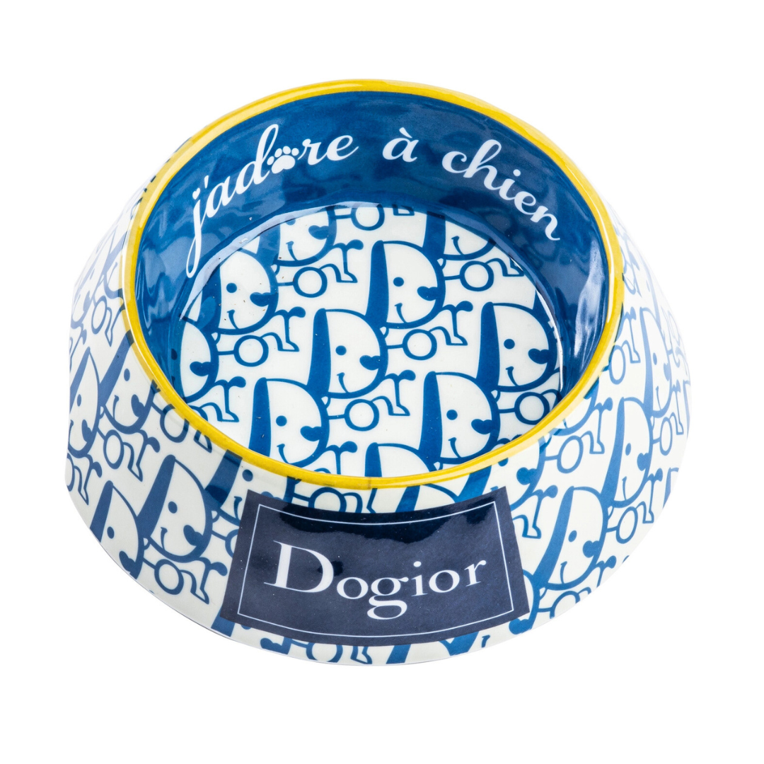 Coco & Pud Dogior Dog Bowl with blue and white pattern and 'j'adore a chien' text, branded 'Dogior' - Haute Diggity Dog bowl 