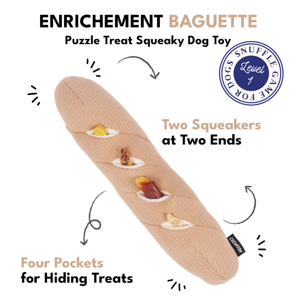 Coco & Pud Interactive Enrichment dog toy shaped like a baguette with text describing features of the toy - Chewffon