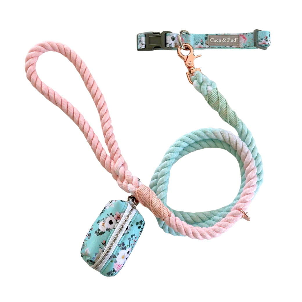 Coco & Pud French Azure Dog Walking Set - floral azure and pink flowers dog collar and matching waste bag holder with Provence Rose Rope Lead, a pink graded to azure rope lead