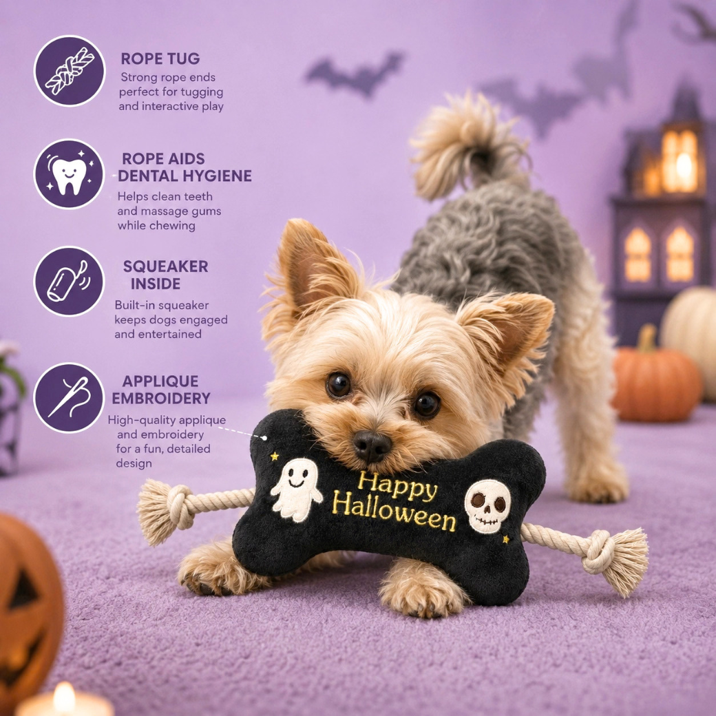 Coco & Pud - A small Yorkshire Terrier dog holds a black Halloween-themed rope tug toy with a 'Happy Halloween' skull design. - Pet London
