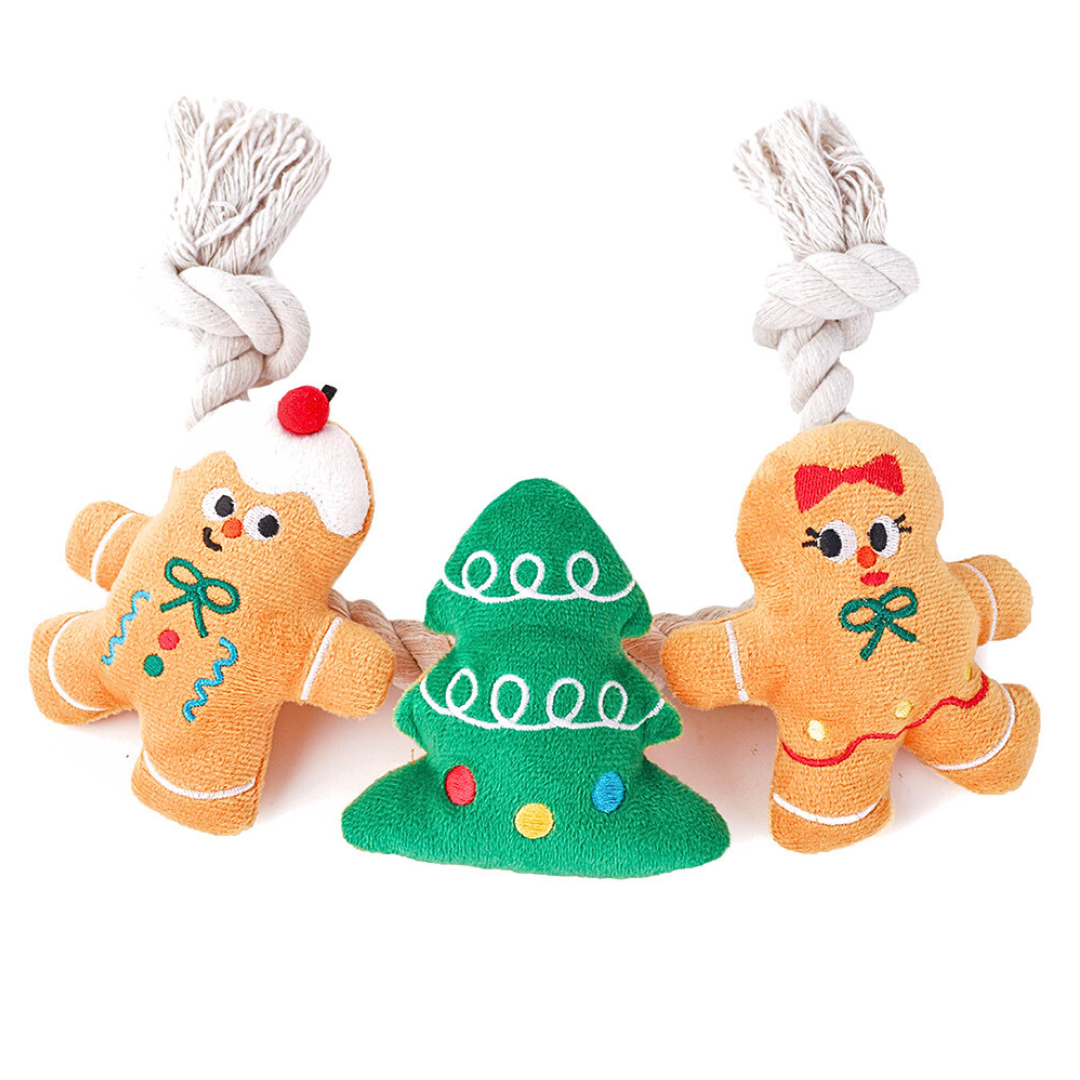 Coco & Pud Happy Woofmas rope dog toy with two gingerbread man and one Christmas tree-shaped dog toys with rope handles - Hugsmart