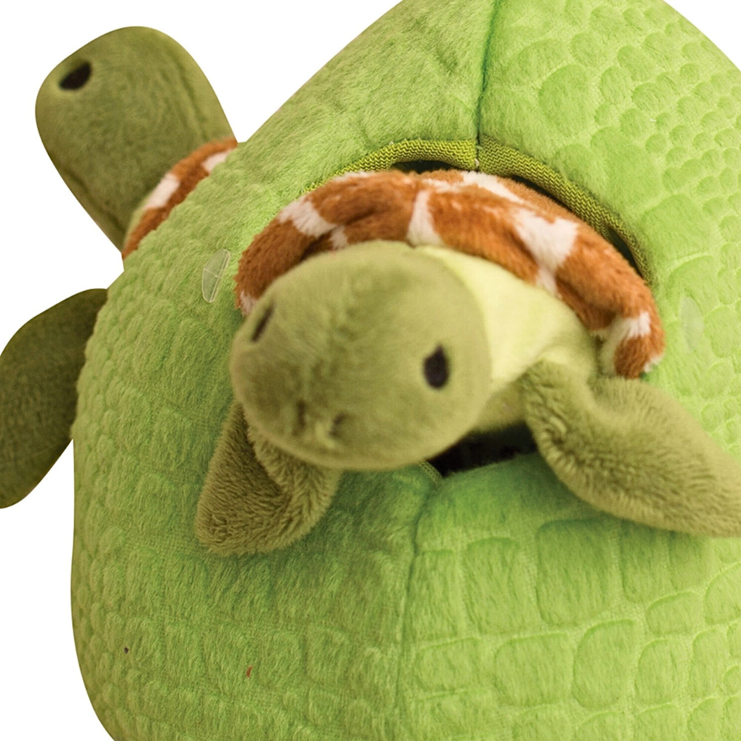 Close up of Coco & Pud Hide & Seek Reef Turtle Interactive burrow dog toy - Snug Arooz