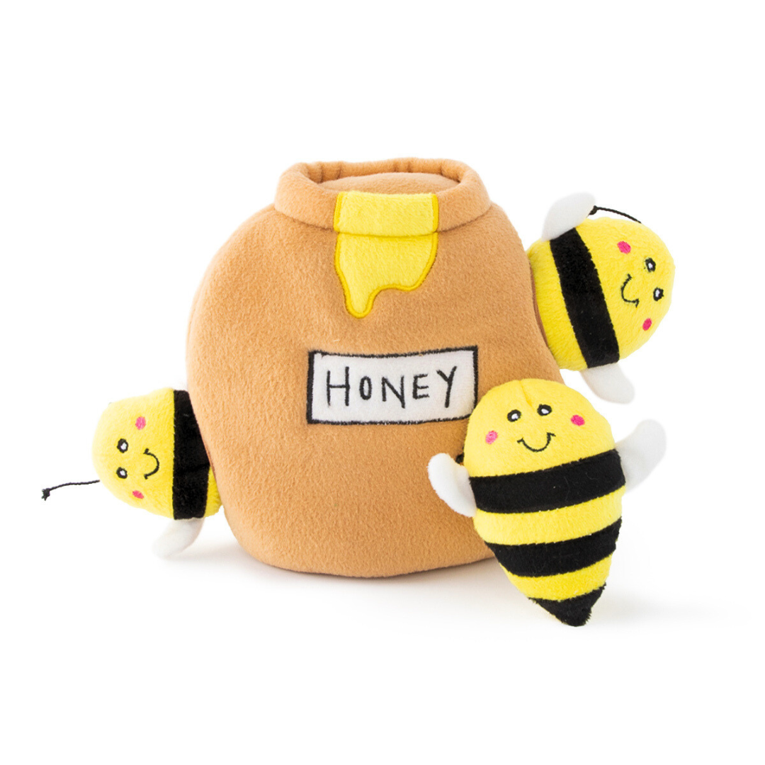 Coco & Pud plush dog toy resembling a honey pot with three squeaker toy bees inside - Zippy Paws