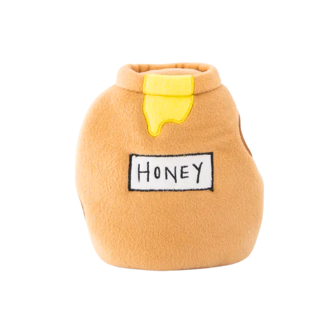 Coco & Pud plush honey pot dog toy labelled 'Honey' interactive burrow - Zippy Paws