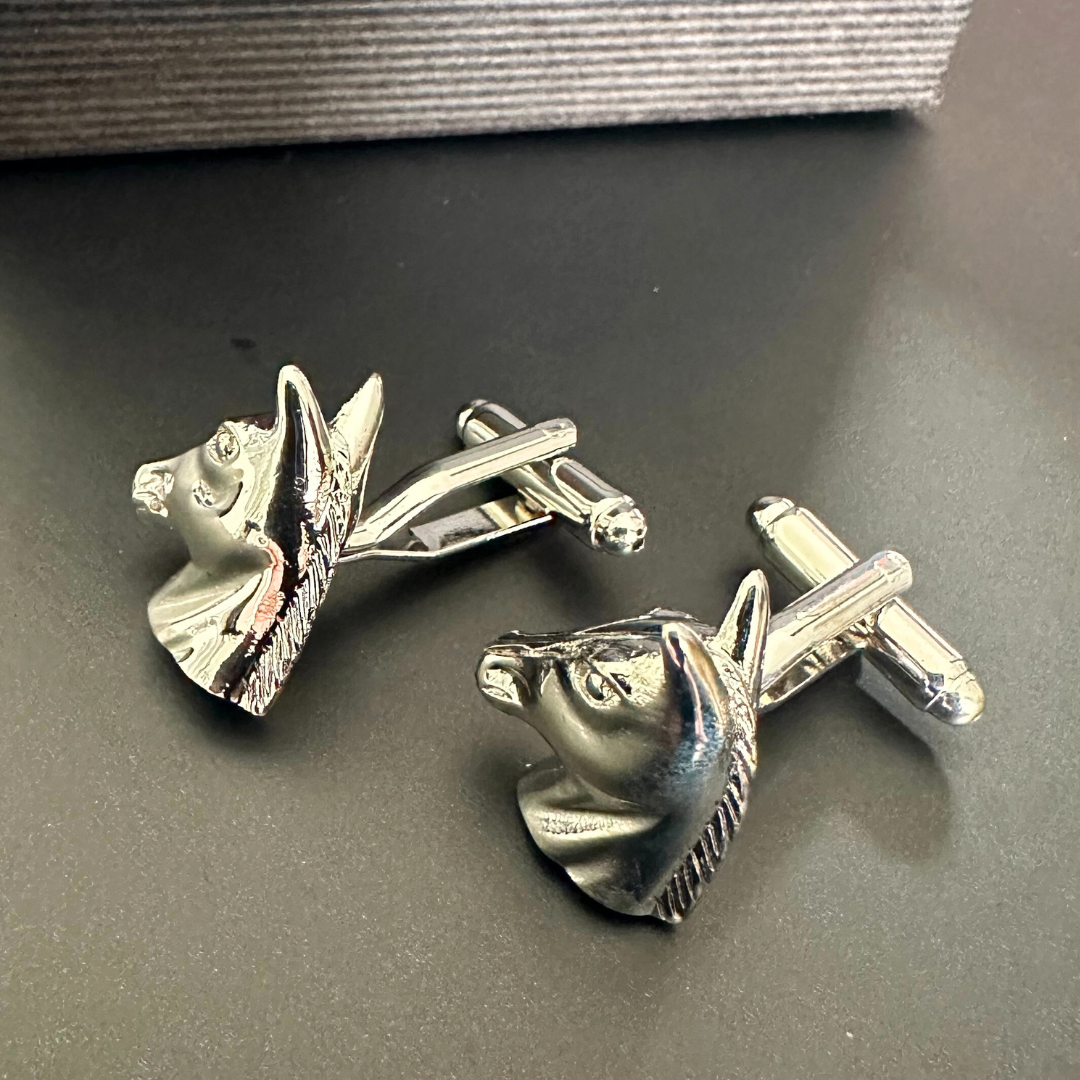 Coco & Pud Silver horse head cufflinks on an angle