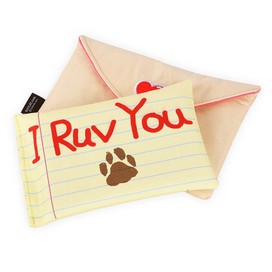 Coco & Pud Love Bug Love Letters Valentine's Dog Toy details of inside letter saying 'I Ruv You' with a signed paw print - P.L.A.Y 